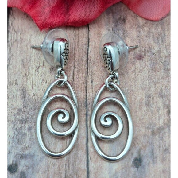 Lot of 3 Silver Tone Pierced Dangle Drop Earrings Hoops Swirl Navy Blue Centers - Picture 5 of 10